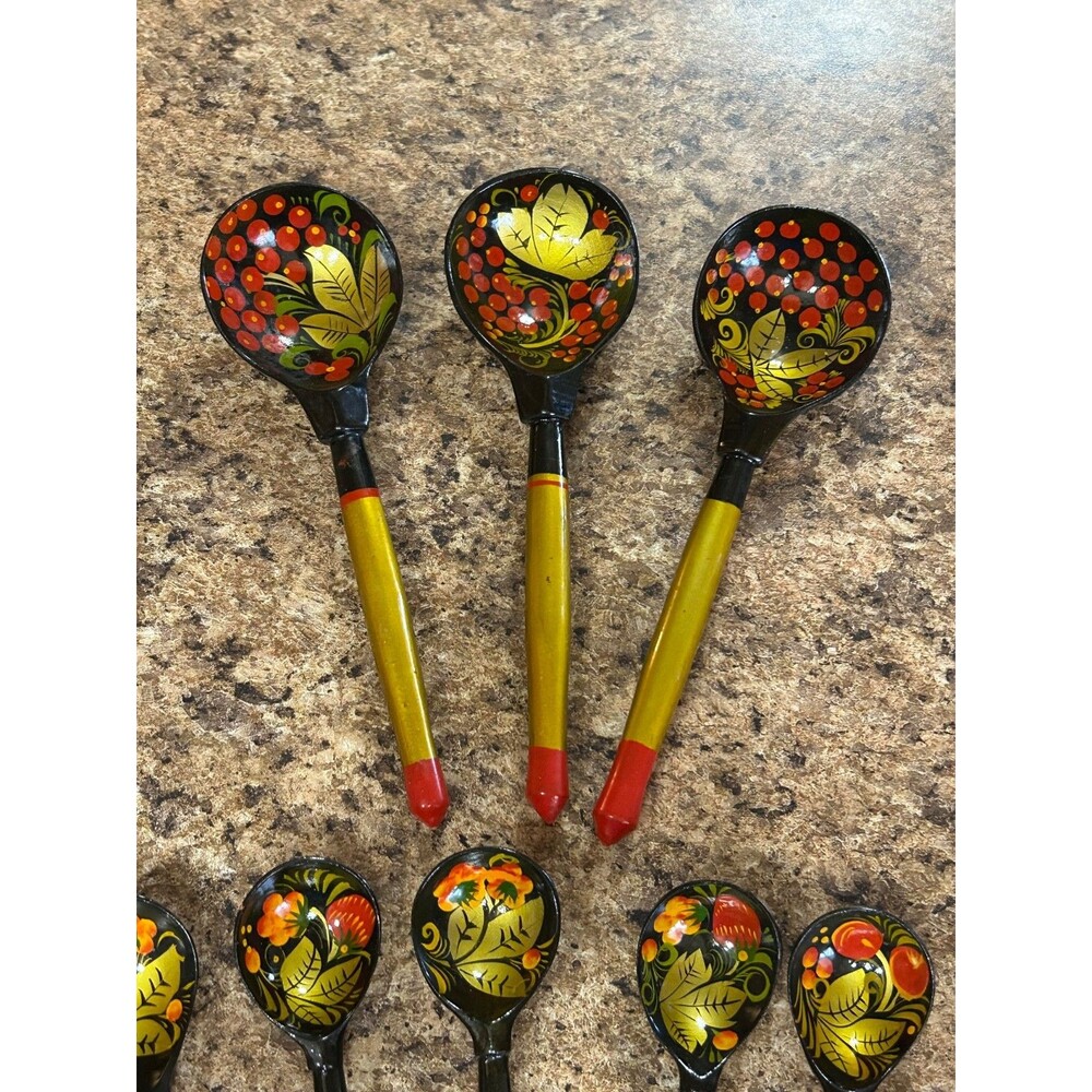 Lot Of 9 Vintage Khokhloma Russian Wooden Lacquer Hand Painted Spoons - Picture 4 of 7